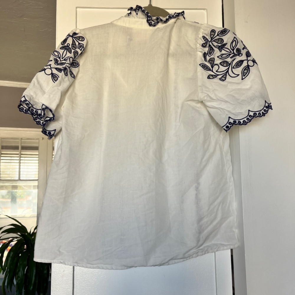 Sezane White Cotton Button-Up Blouse with Navy Embroidery - Picture 4 of 4